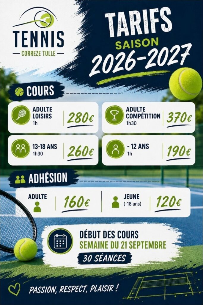Tarifs saison 2026-2027 du Tulle Corrèze Tennis : cours adulte loisirs 1h 280 €, adulte compétition 1h30 370 €, 13-18 ans 1h30 260 €, moins de 12 ans 1h 190 €, adhésion adulte 160 €, jeune 120 €, début des cours semaine du 21 septembre, 30 séances